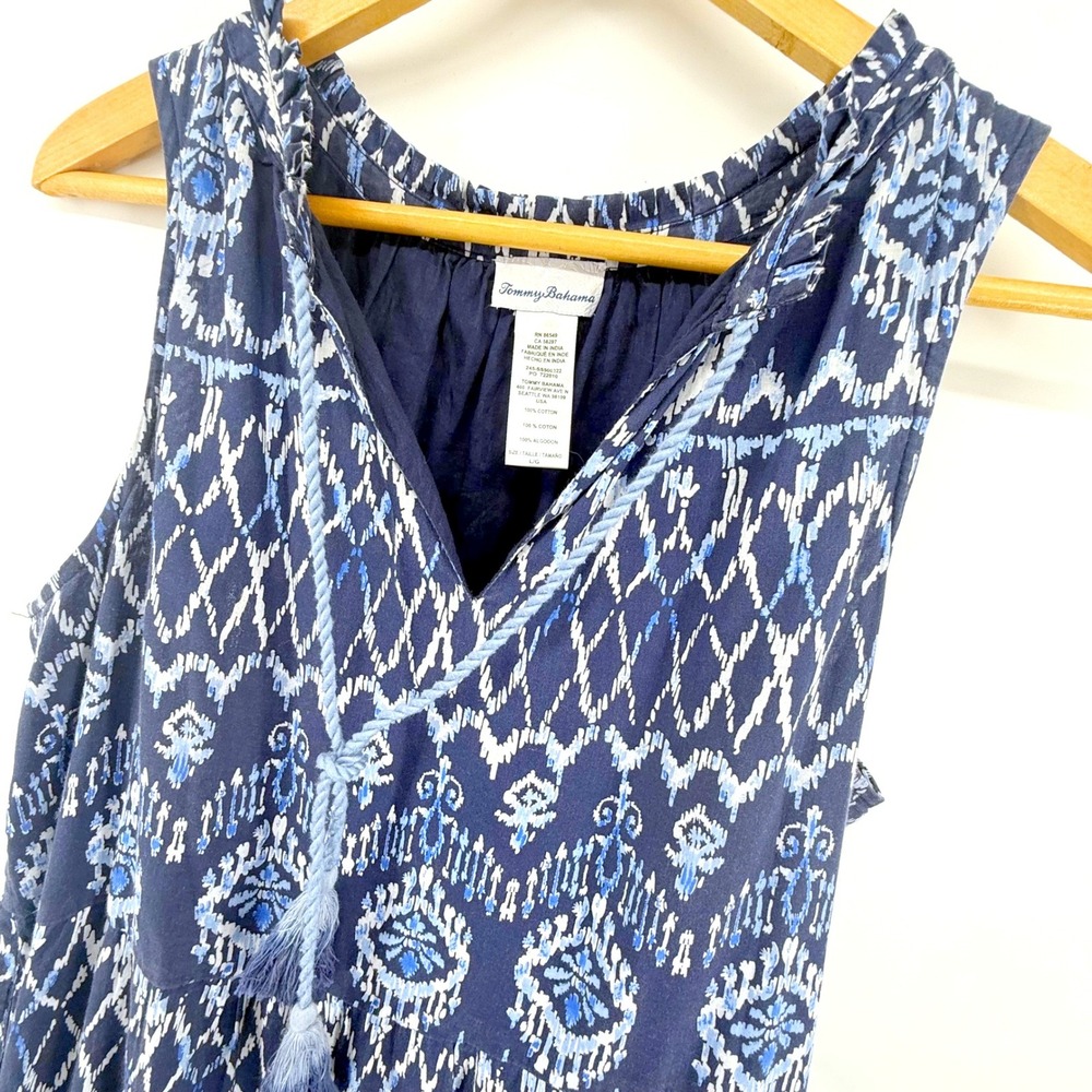 Tommy Bahama Maxi Dress Womens Large Blue Tiered Ikat Cotton Tassel Boho Lined - Picture 2 of 10